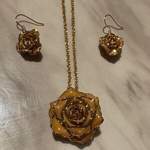 Gold Rose Pendant Necklace and Earring Set